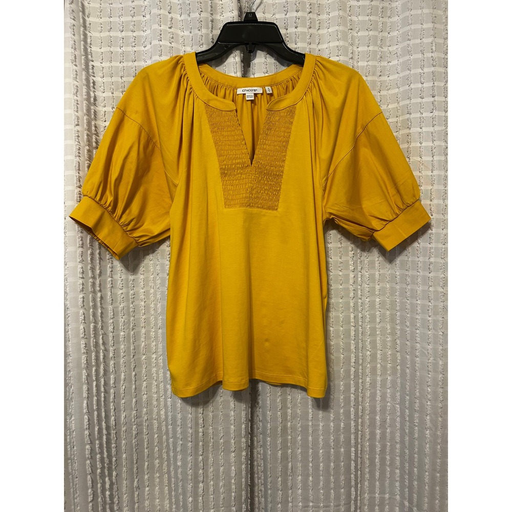 Chicos Mustard Yellow Smocked Notch Neck Puff Sleeve Blouse Top Size 0 S